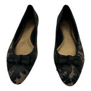 ANN TAYLOR LOFT Black Gold Lace Bow Pointed Toe Ballet Flats Women's Size 7M